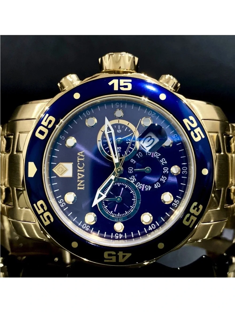 Invicta Men’s PRO DIVER SCUBA Chronograph Blue Dial 18kt Gold Plated Watch. 0073 - Picture 6 of 12